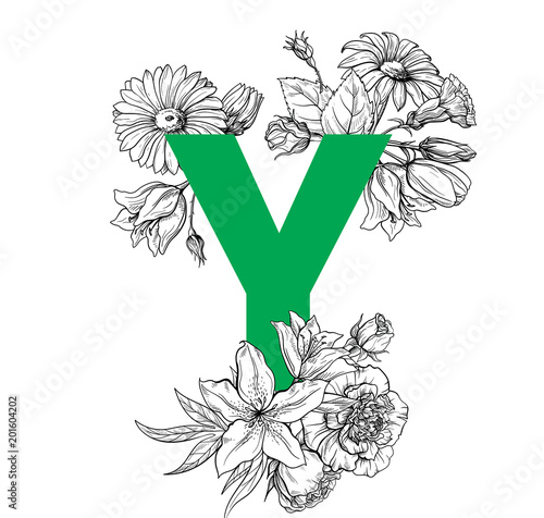 Vintage flower alphabet. Hand drawn vector illustration Isolated on white background. My portfolio have other letters.