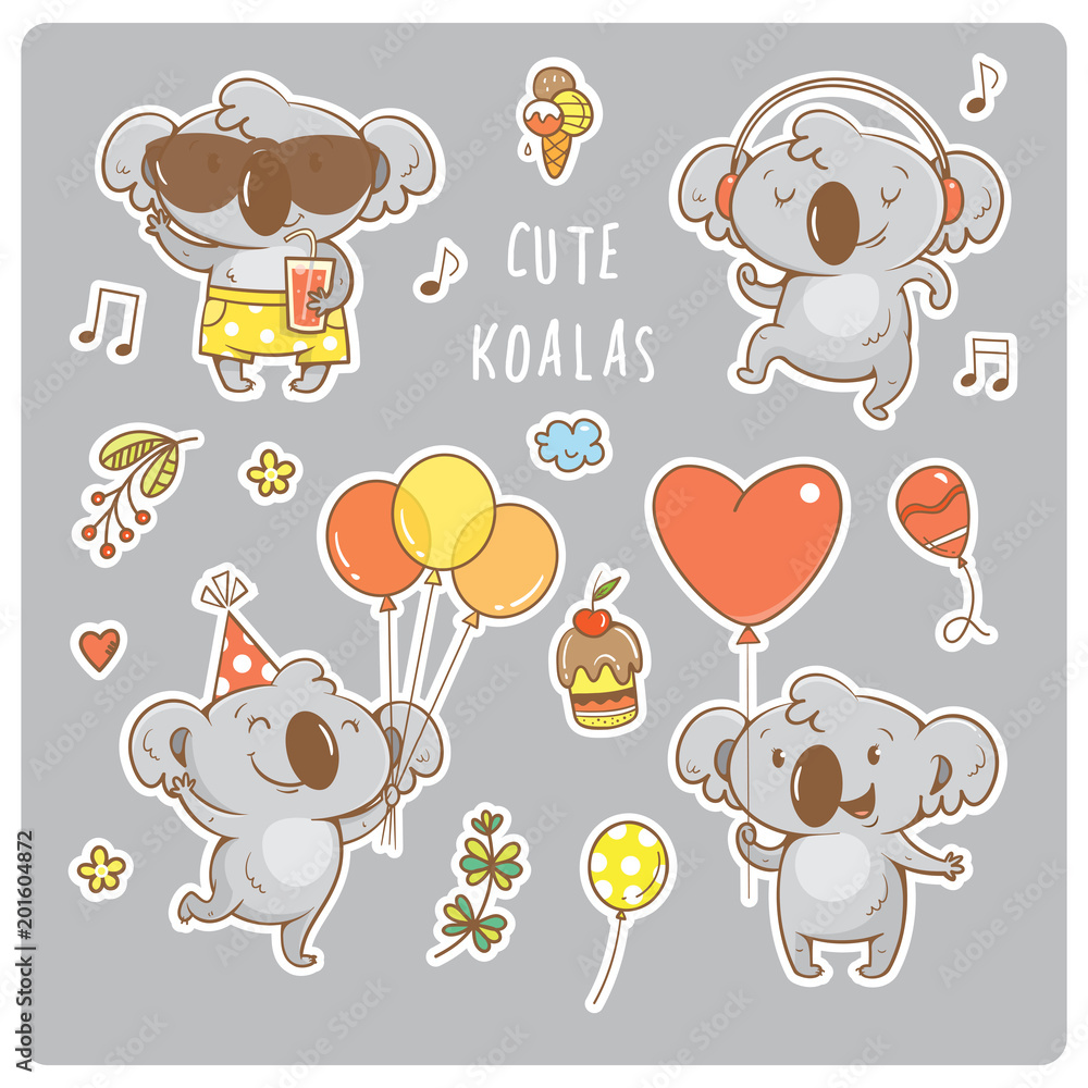 Obraz premium Set with cute cartoon koalas stickers. Vector contour image. Little funny baby animals on party. Children's illustration.