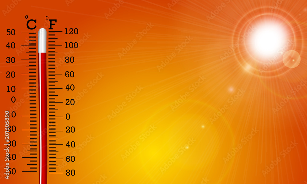 Very hot sun and thermometer - obrazy, fototapety, plakaty 