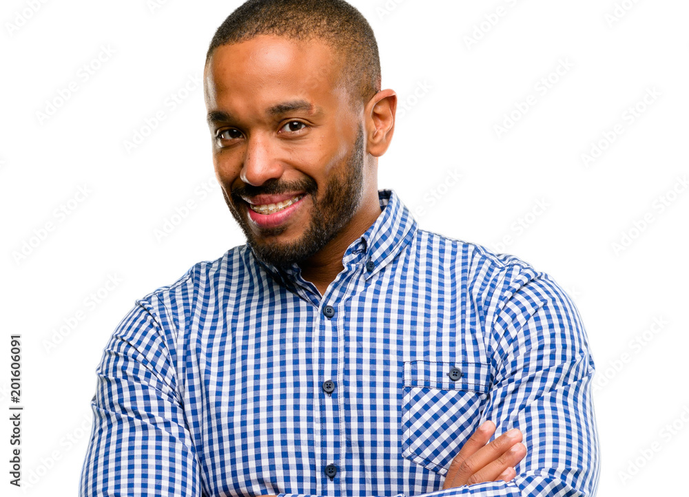 African american man with beard with crossed arms confident and happy with a big natural smile laughing isolated over white background African american man with beard with crossed arms confident and happy with a big natural smile laughing isolated over white background