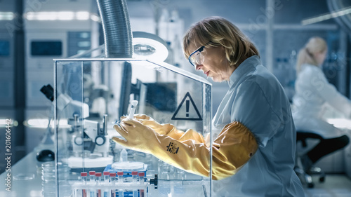 Фотография Senior Female Biologist Works with Samples in Isolation Glove Box