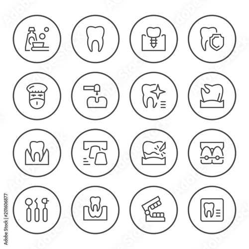 Set of dental related round line icons