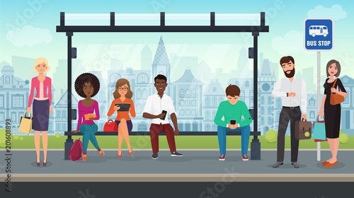 People were sitting at the modern bus stop. Vector illustration.