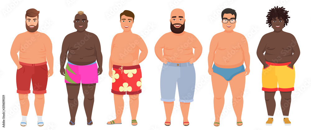 Cartoon vector funny fat man in underwear, bathing suit. Male swimsuits.  Stock Vector | Adobe Stock