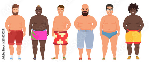 Cartoon vector funny fat man in underwear, bathing suit. Male swimsuits.