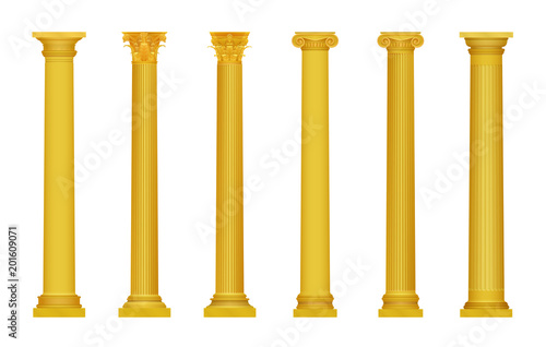 Vector illustration of golden realistic high detailed greek roma ancient columns. Luxury gold column.