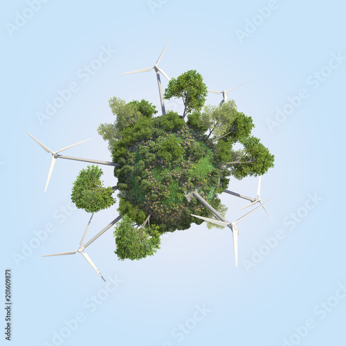 Mini Green Energy world, small world green with windmills, 3D rendering