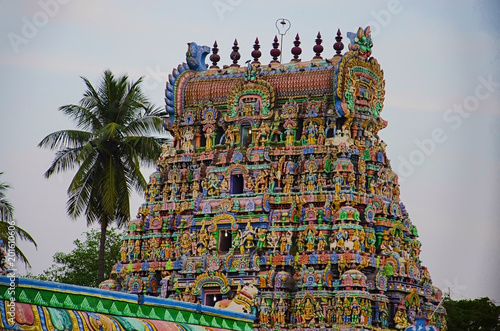 Colorful idols on the Gopuram, Sarangapani Temple, Kumbakonam, Tamil Nadu, India. photo