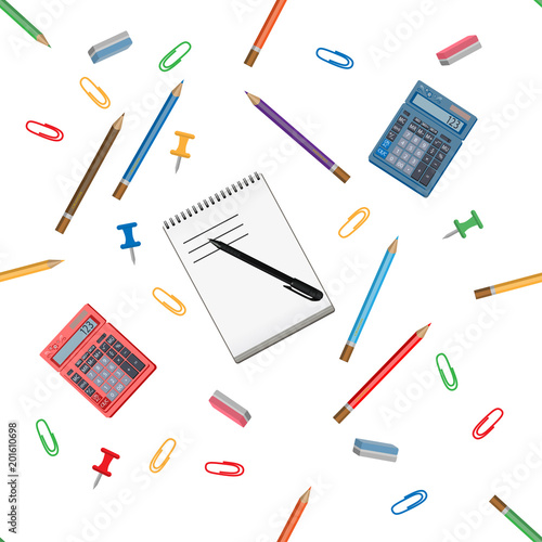 Vector illustration of seamless pattern chancery, notebook and calculator, isolated on white background