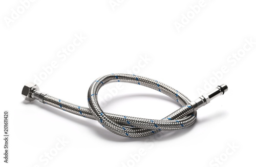 Braided flexible water hose isolated on white background