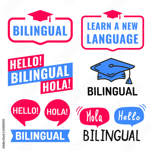 Bilingual. Study languages concept. Set of badges, icons. Flat vector illustrations on white background.