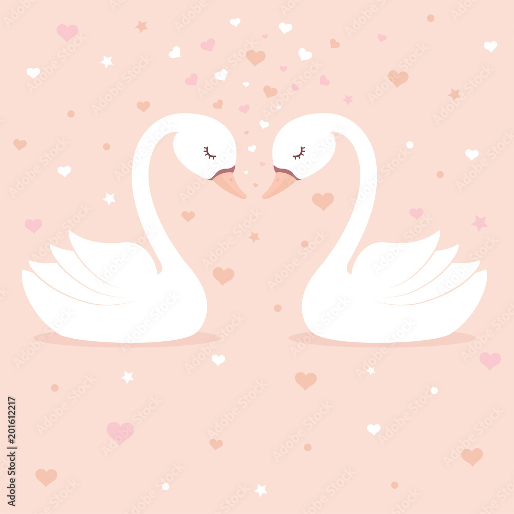 Fototapeta premium Cute swans on pink background. Children's card or shirt design.
