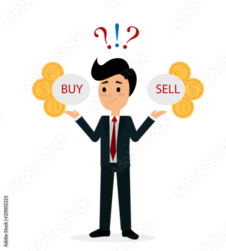 Vector illustration of funny trader character analyzing, deciding to buy or sell shares or currency. Financial market business man. Flat cartoon style business concept.