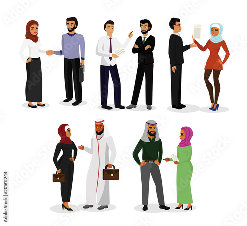 Vector illustration set of muslim men and women characters talking, making business together. Arab business people teamwork concept in flat style.
