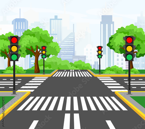 Vector illustration of streets crossing in modern city, city crossroad with traffic lights, markings, trees and sidewalk for pedestrians. Beautiful cityscape on background.