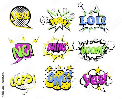 Vector illustration set of cartoon, pop art comic speech bubbles with popular words. Colored Pop Art and pin up style lol, yes, oops and other words on white background.