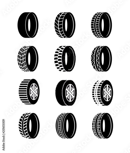 Vector illustration set of tire and wheels black color icons on white background. Different wheel tyre symbols and logos collection.