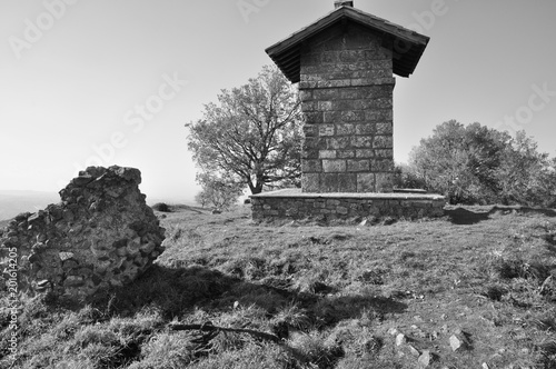 Collina con resti archeologici, altarino e alberi, in bianco e nero, in inverno, tuscolo, castelli romani, lazio, italia	 photo