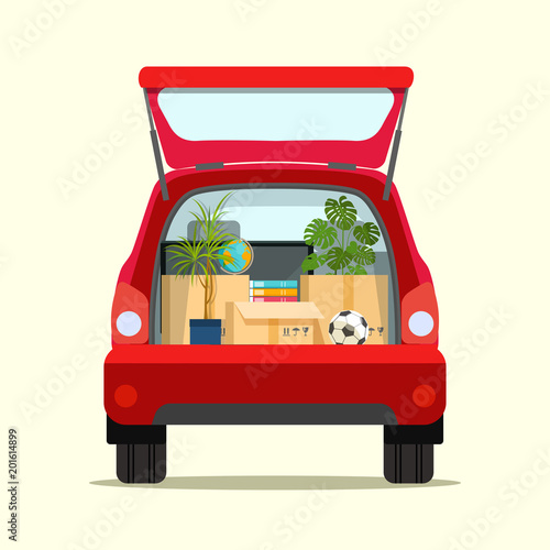 Moving with boxes. Things in box in the trunk of the car on the back. Vector flat style illustration