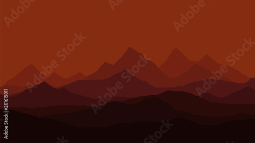 Silhouette of evening mountain landscape under night red dramatic sky