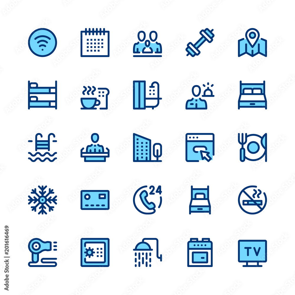 Hotel services and amenities line icons set. Modern graphic design concepts, simple symbols, pictograms collection. Minimal thin line design. Premium quality. Pixel perfect. Vector outline icons