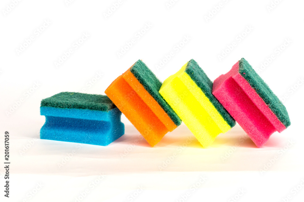 multicolored dish washing sponge on white background in different positions multicolored dish washing sponge on white background in different positions