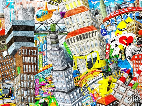 Obraz Graffiti, miasto, ilustracja dużego kolażu, z domami, samochodami i ludźmi