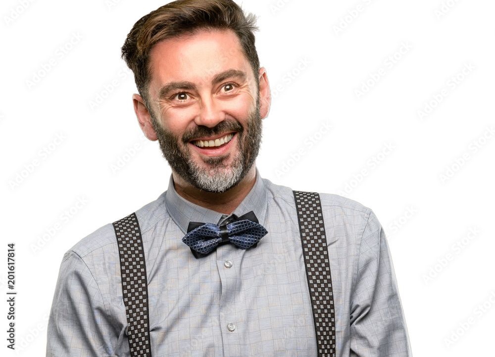 Middle age man, with beard and bow tie confident and happy with a big natural smile laughing isolated over white background Middle age man, with beard and bow tie confident and happy with a big natural smile laughing isolated over white background