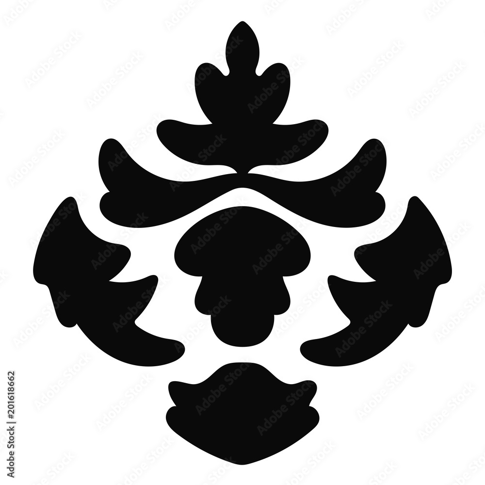 Black damask element isolated on white background. Logo, icon, design element. Vector illustration. Black damask element isolated on white background. Logo, icon, design element. Vector illustration.