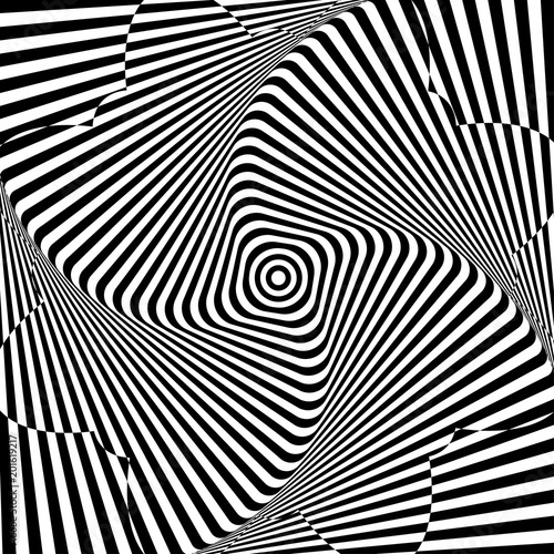 Abstract twisted black and white background. Optical illusion of distorted surface. Twisted stripes. Radial pattern.