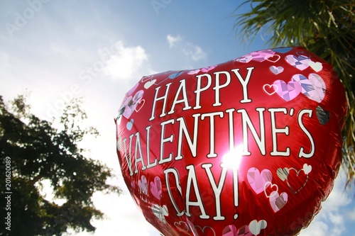 Happy Valentine's Day Heart-Shaped Red Balloon with White Lettering and Purple and Blue Hearts, Lit by Flash against Back-Lit Blue Sky and Palm Trees photo
