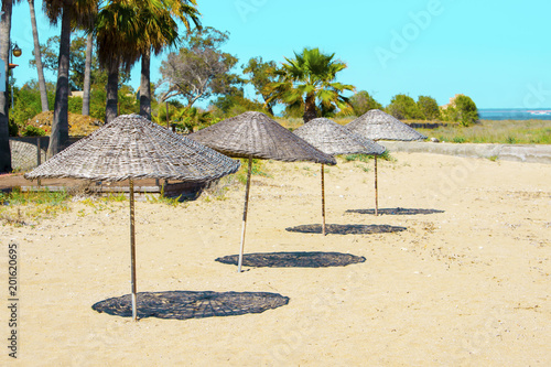 Straw umbrellas on the sand