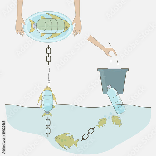 A diagram of how is plastic trash affecting the ocean food chain. Ocean plastic pollution concept. Vector illustration.