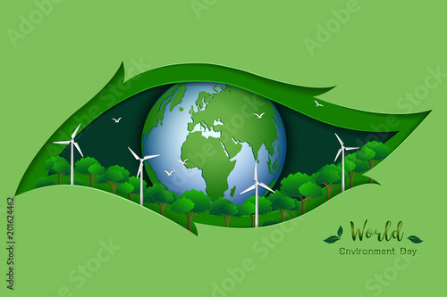 World Environment Day,ecology concept with green earth and energy on paper art scene background,vector illustration