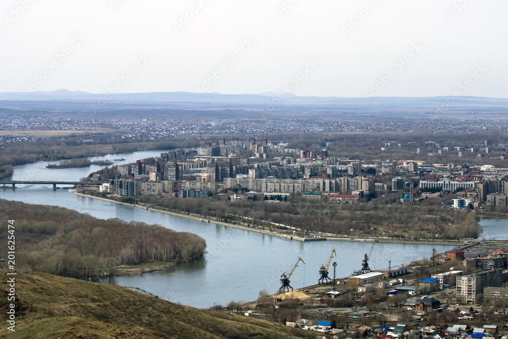 Ust-Kamenogorsk. The city in East Kazakhstan. View of the city from the mountain of Kazakhstan. The Irtysh river. Foothills of Altai.
