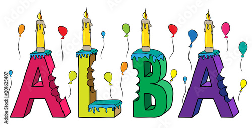 Alba female first name bitten colorful 3d lettering birthday cake with candles and balloons