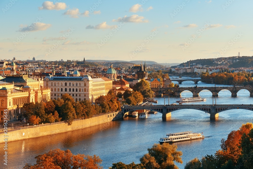 Prague skyline and bridge - obrazy, fototapety, plakaty 