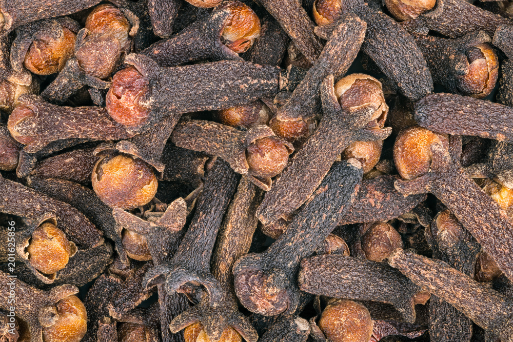 Close-up of aromatic medicinal cloves as a decorative background. Syzygium aromaticum. Beautiful texture from pile of spicy dried spices with a distinctive scent. Extreme detail. Full depth of field. Close-up of aromatic medicinal cloves as a decorative background. Syzygium aromaticum. Beautiful texture from pile of spicy dried spices with a distinctive scent. Extreme detail. Full depth of field.