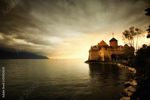 Photo Castle at Switzerland and wonderful lake, travel destination at Lake Geneve, anc