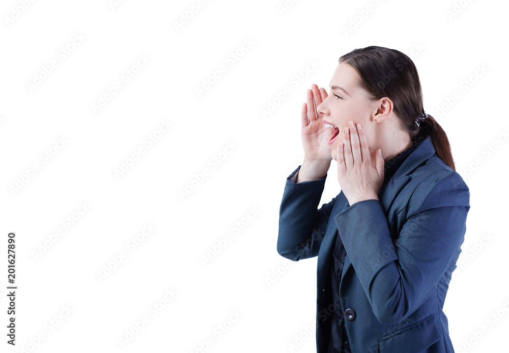 Young businesswoman shouting isolated on white background. Young businesswoman shouting isolated on white background.