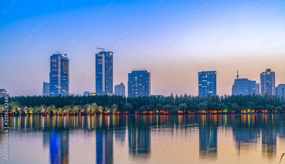 Nanjing Xuanwu Lake Financial District building landscape night view and city skyline