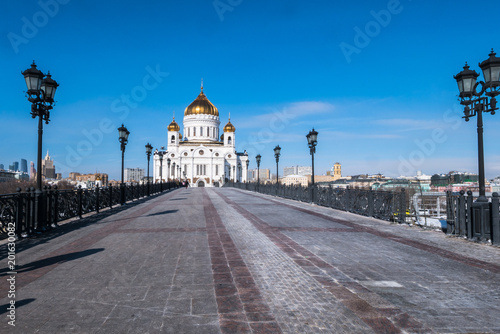 The new building of Russian Orthodox Cathedral of Christ the Saviour as viewed from the bridge over the Moscow River in Moscow.