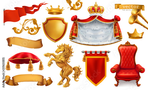Gold crown of the king. Royal chair, mantle, pillow. 3d vector icon set