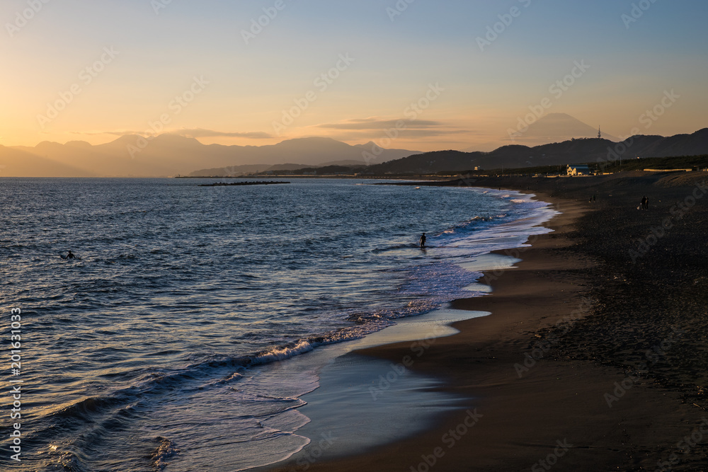 Suruga bay and beach with Fuji mountain at Hiratsuka , Kanagawa prefecture , Japan