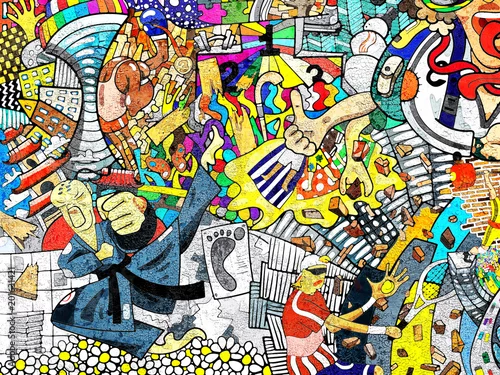 Obraz Kolaż sportowy na dużym murem, graffiti