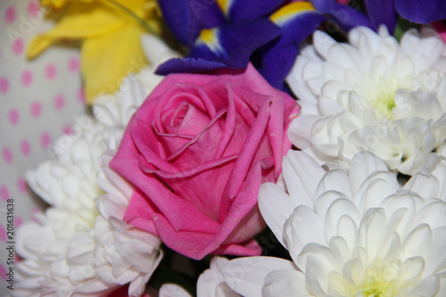Fototapeta Naklejka Na Ścianę i Meble -  Bouquet of flowers. Roses, chrysanthemums, irises