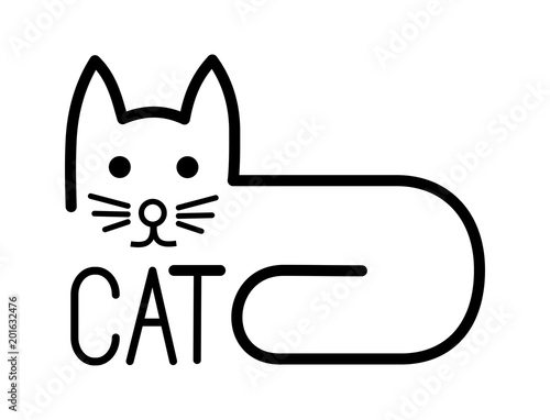 Stylized drawing of a cat with one line. Black and white. Symbol, sign, logo.
