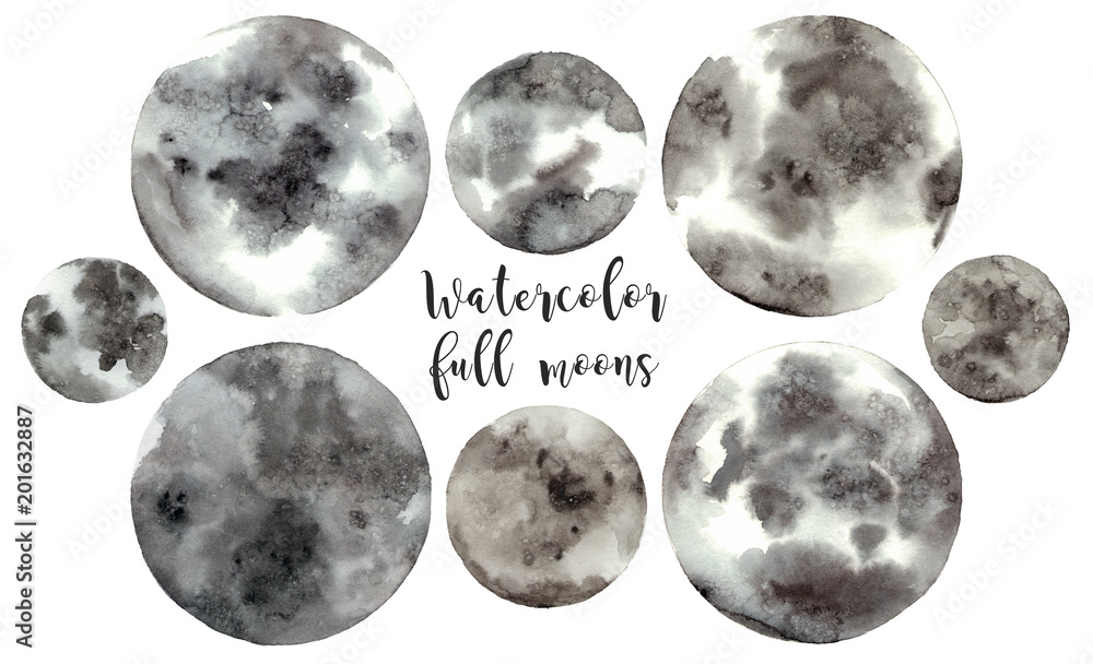 watercolor illustrations full moons. hand drawing isolated elements ...