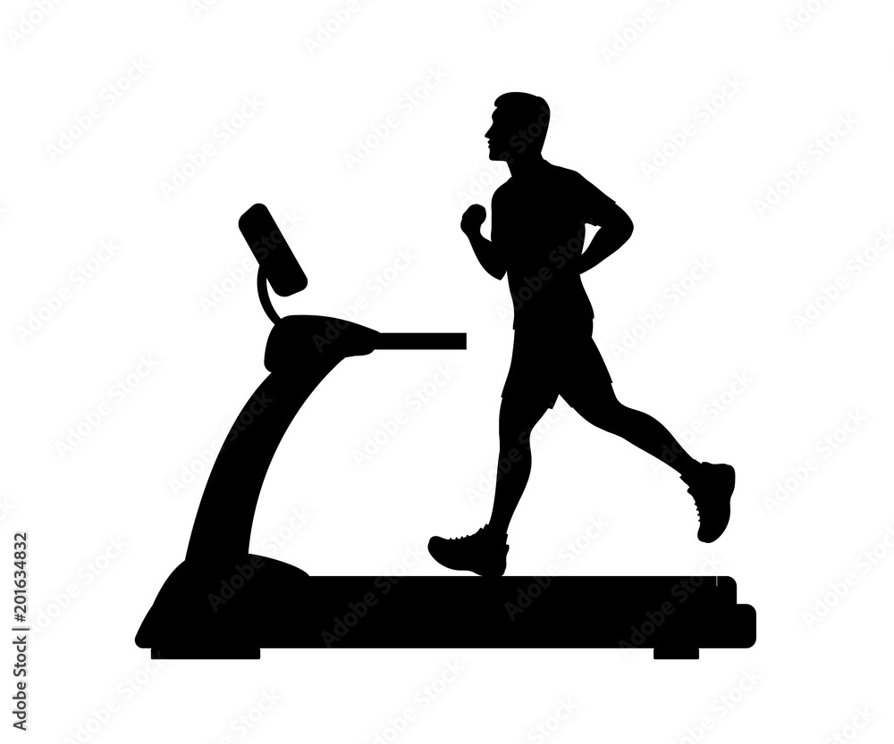 Silhouette of a young man running on a treadmill. Vector illustration.