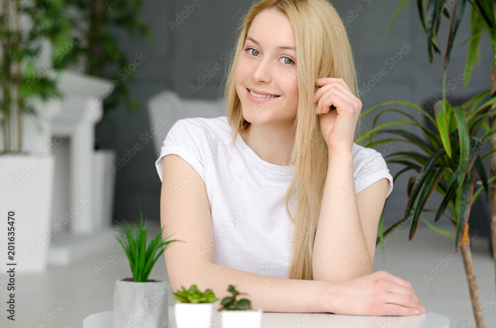 Beautiful Happy Woman In Home Interior. Attractive Happy Young Female With Blonde Hair, Healthy Smooth Soft Skin And Natural Facial Makeup. Skin Care. 